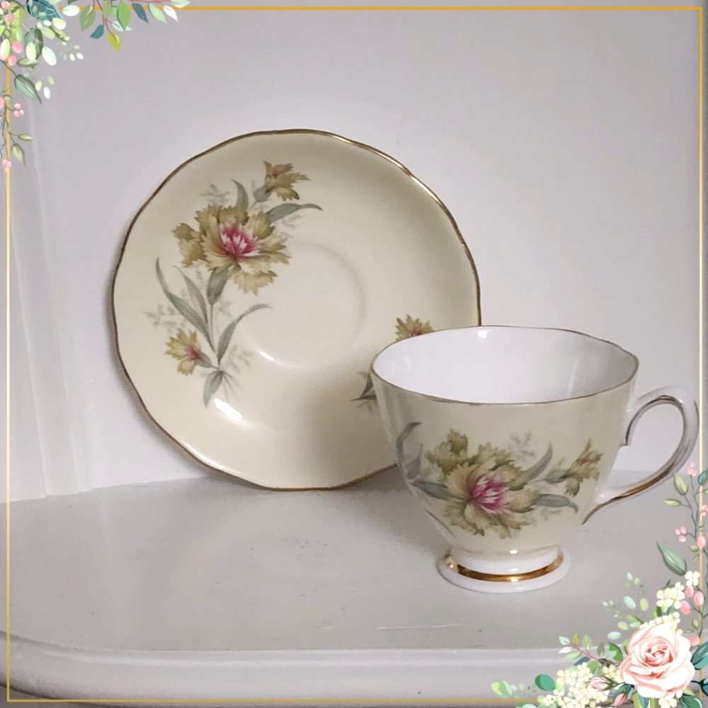 Vintage Tea  Set, Palest Yellow, Carnations, 1960s Colclough, Cup, Saucer,